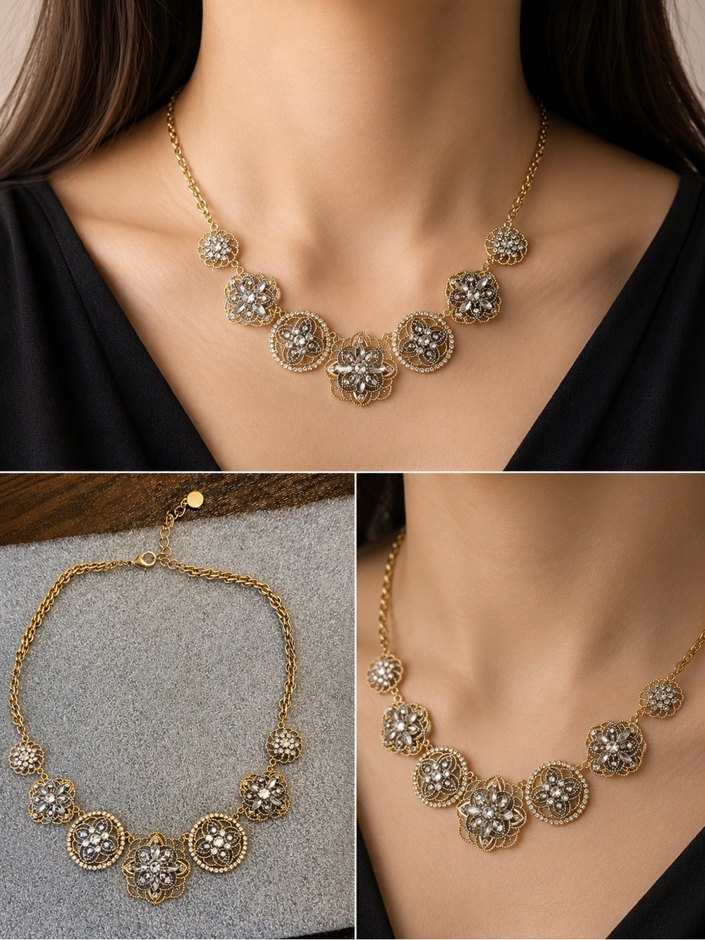 Gold Floral Medallion Necklace with Pearl Accents - Picture 3 of 3